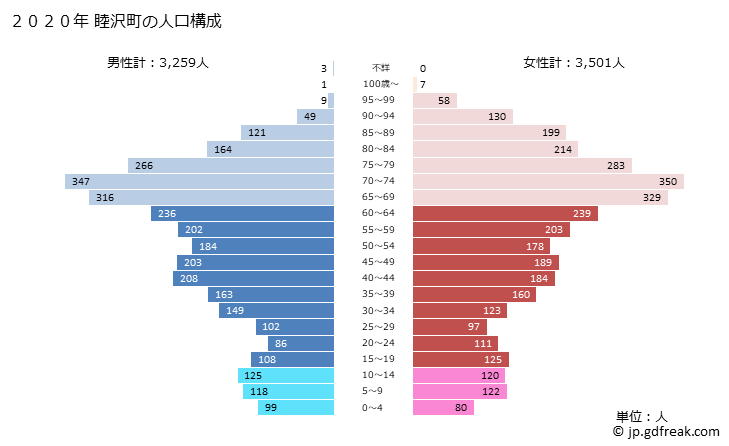 グラフ 睦沢町(ﾑﾂｻﾞﾜﾏﾁ 千葉県)の人口と世帯 2020年の人口ピラミッド