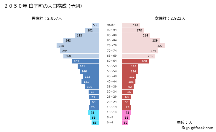 グラフ 白子町(ｼﾗｺﾏﾁ 千葉県)の人口と世帯 2050年の人口ピラミッド（予測）