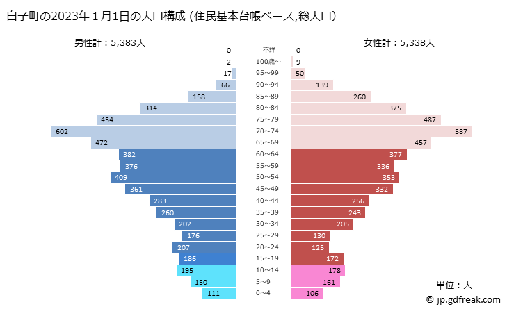 グラフ 白子町(ｼﾗｺﾏﾁ 千葉県)の人口と世帯 2023年の人口ピラミッド（住民基本台帳ベース）