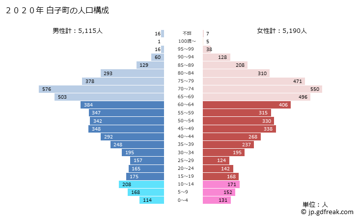 グラフ 白子町(ｼﾗｺﾏﾁ 千葉県)の人口と世帯 2020年の人口ピラミッド