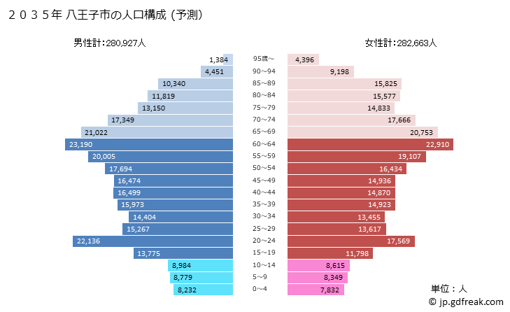 グラフ 八王子市(ﾊﾁｵｳｼﾞｼ 東京都)の人口と世帯 2035年の人口ピラミッド（予測）