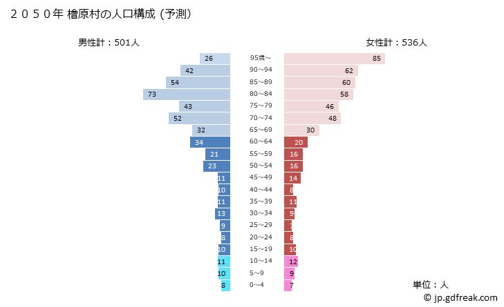 グラフ 檜原村(ﾋﾉﾊﾗﾑﾗ 東京都)の人口と世帯 2050年の人口ピラミッド（予測）