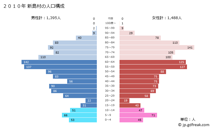 グラフ 新島村(ﾆｲｼﾞﾏﾑﾗ 東京都)の人口と世帯 2010年の人口ピラミッド