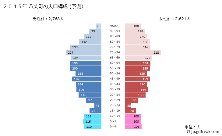 グラフ 八丈町(ﾊﾁｼﾞｮｳﾏﾁ 東京都)の人口と世帯 2045年の人口ピラミッド（予測）