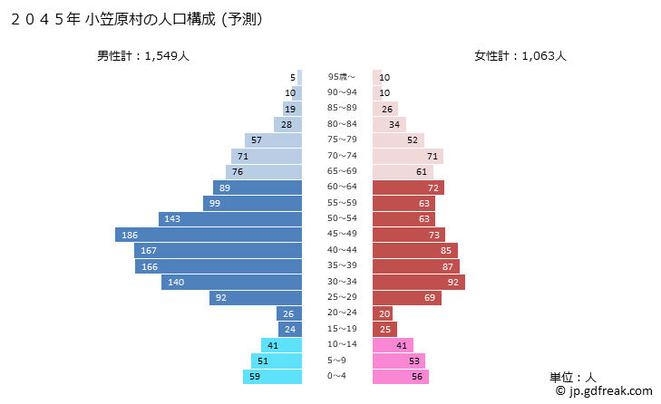 グラフ 小笠原村(ｵｶﾞｻﾜﾗﾑﾗ 東京都)の人口と世帯 2045年の人口ピラミッド（予測）