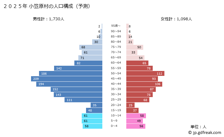 グラフ 小笠原村(ｵｶﾞｻﾜﾗﾑﾗ 東京都)の人口と世帯 2025年の人口ピラミッド