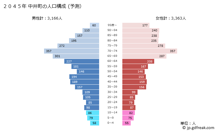 グラフ 中井町(ﾅｶｲﾏﾁ 神奈川県)の人口と世帯 2045年の人口ピラミッド（予測）