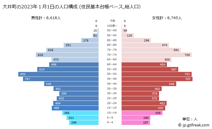 グラフ 大井町(ｵｵｲﾏﾁ 神奈川県)の人口と世帯 2023年の人口ピラミッド（住民基本台帳ベース）