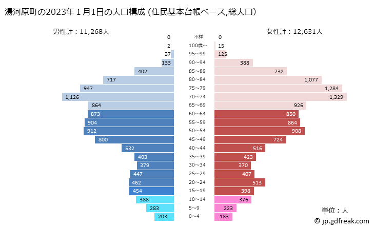 グラフ 湯河原町(ﾕｶﾞﾜﾗﾏﾁ 神奈川県)の人口と世帯 2023年の人口ピラミッド（住民基本台帳ベース）