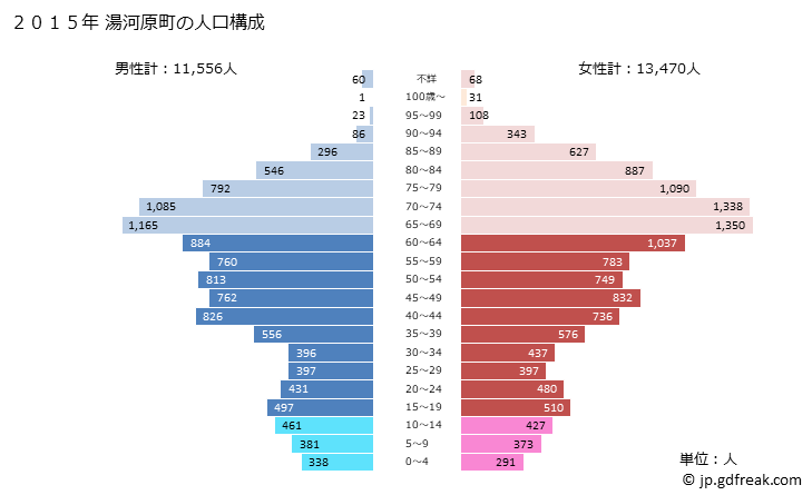 グラフ 湯河原町(ﾕｶﾞﾜﾗﾏﾁ 神奈川県)の人口と世帯 2015年の人口ピラミッド