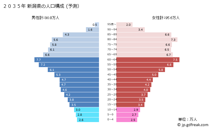 グラフ 新潟県の人口と世帯 2035年の人口ピラミッド（予測）