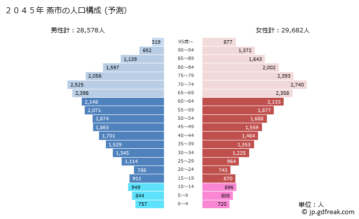 グラフ 燕市(ﾂﾊﾞﾒｼ 新潟県)の人口と世帯 2045年の人口ピラミッド（予測）