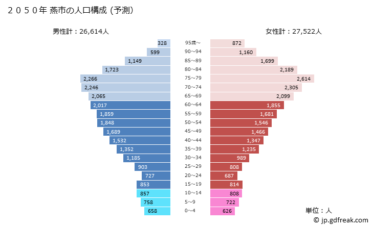 グラフ 燕市(ﾂﾊﾞﾒｼ 新潟県)の人口と世帯 2050年の人口ピラミッド（予測）