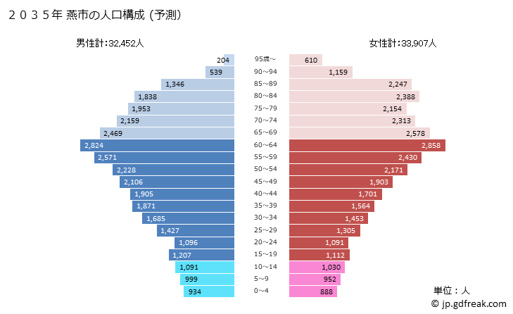 グラフ 燕市(ﾂﾊﾞﾒｼ 新潟県)の人口と世帯 2035年の人口ピラミッド（予測）