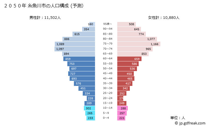 グラフ 糸魚川市(ｲﾄｲｶﾞﾜｼ 新潟県)の人口と世帯 2050年の人口ピラミッド（予測）