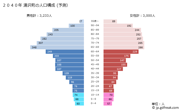 グラフ 湯沢町(ﾕｻﾞﾜﾏﾁ 新潟県)の人口と世帯 2040年の人口ピラミッド（予測）