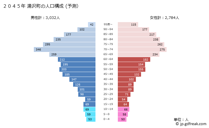 グラフ 湯沢町(ﾕｻﾞﾜﾏﾁ 新潟県)の人口と世帯 2045年の人口ピラミッド（予測）