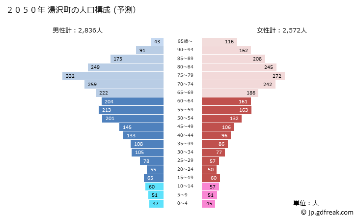グラフ 湯沢町(ﾕｻﾞﾜﾏﾁ 新潟県)の人口と世帯 2050年の人口ピラミッド（予測）