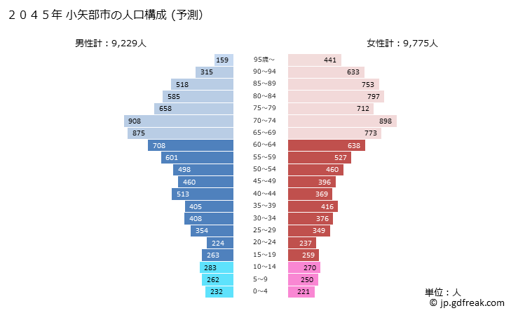 グラフ 小矢部市(ｵﾔﾍﾞｼ 富山県)の人口と世帯 2045年の人口ピラミッド（予測）