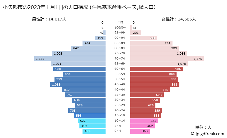 グラフ 小矢部市(ｵﾔﾍﾞｼ 富山県)の人口と世帯 2023年の人口ピラミッド（住民基本台帳ベース）