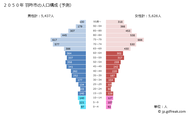 グラフ 羽咋市(ﾊｸｲｼ 石川県)の人口と世帯 2050年の人口ピラミッド（予測）