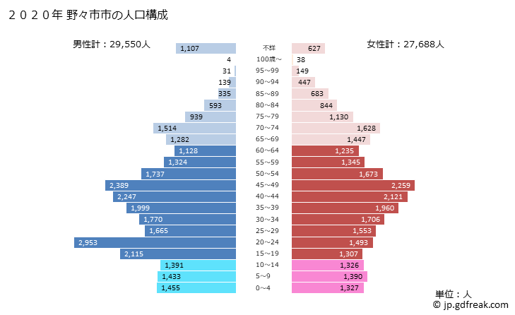 グラフ 野々市市(ﾉﾉｲﾁｼ 石川県)の人口と世帯 2020年の人口ピラミッド