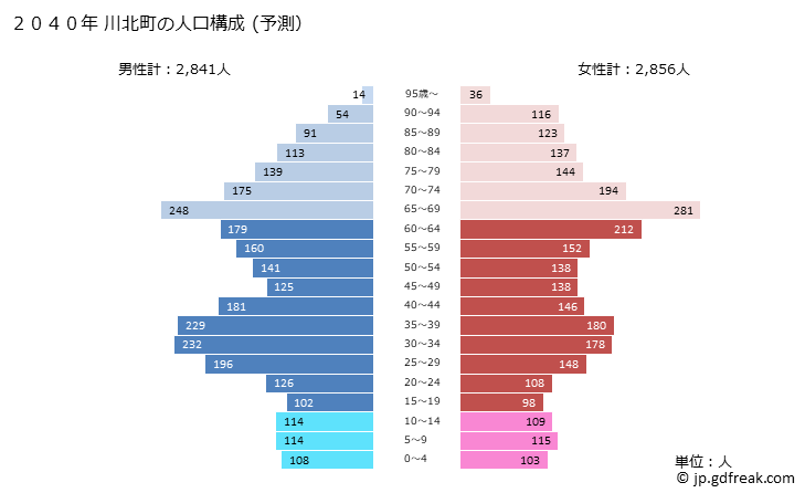 グラフ 川北町(ｶﾜｷﾀﾏﾁ 石川県)の人口と世帯 2040年の人口ピラミッド（予測）
