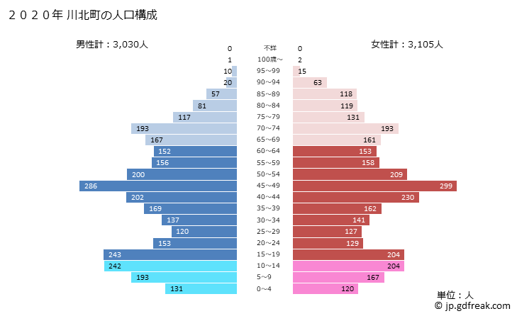 グラフ 川北町(ｶﾜｷﾀﾏﾁ 石川県)の人口と世帯 2020年の人口ピラミッド