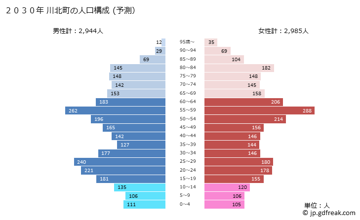 グラフ 川北町(ｶﾜｷﾀﾏﾁ 石川県)の人口と世帯 2030年の人口ピラミッド（予測）