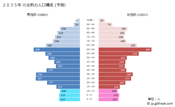グラフ 川北町(ｶﾜｷﾀﾏﾁ 石川県)の人口と世帯 2035年の人口ピラミッド（予測）