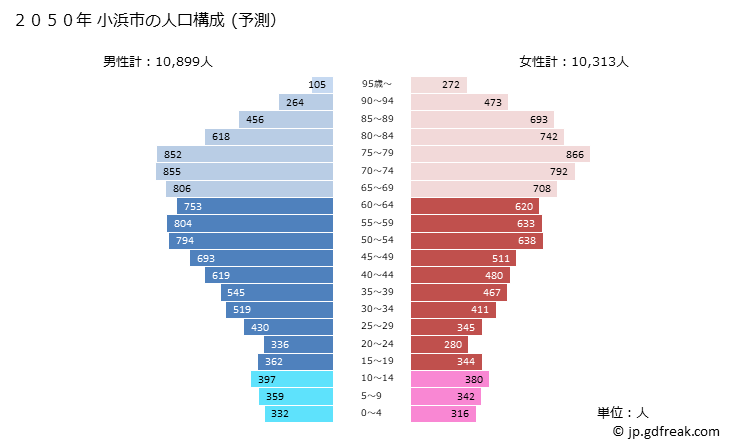 グラフ 小浜市(ｵﾊﾞﾏｼ 福井県)の人口と世帯 2050年の人口ピラミッド（予測）