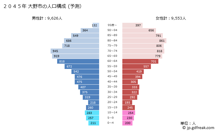 グラフ 大野市(ｵｵﾉｼ 福井県)の人口と世帯 2045年の人口ピラミッド（予測）