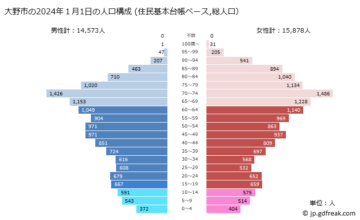 グラフ 大野市(ｵｵﾉｼ 福井県)の人口と世帯 2024年の人口ピラミッド（住民基本台帳ベース）