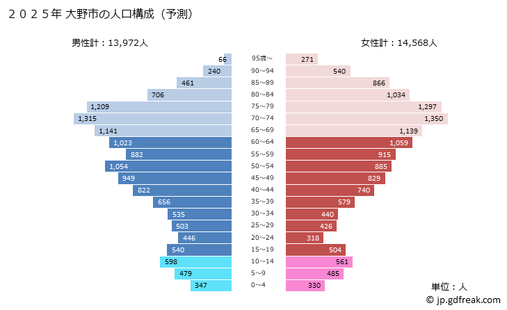 グラフ 大野市(ｵｵﾉｼ 福井県)の人口と世帯 2025年の人口ピラミッド