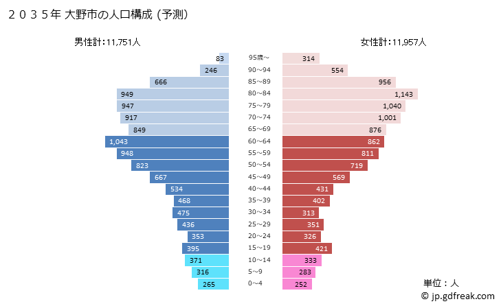 グラフ 大野市(ｵｵﾉｼ 福井県)の人口と世帯 2035年の人口ピラミッド（予測）