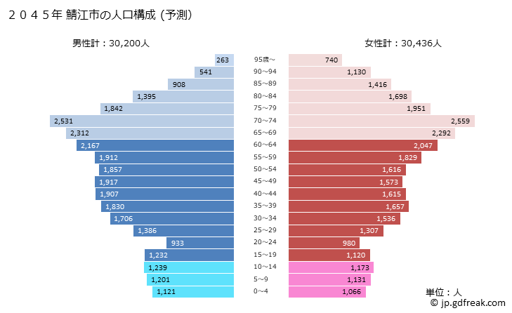 グラフ 鯖江市(ｻﾊﾞｴｼ 福井県)の人口と世帯 2045年の人口ピラミッド（予測）