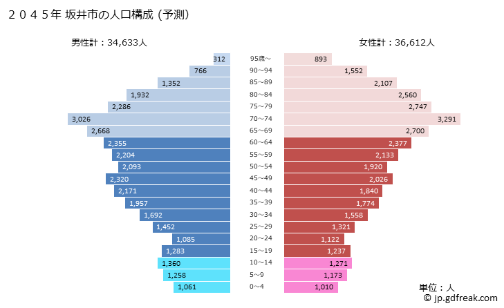 グラフ 坂井市(ｻｶｲｼ 福井県)の人口と世帯 2045年の人口ピラミッド（予測）