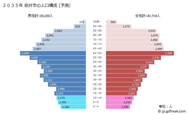 グラフ 坂井市(ｻｶｲｼ 福井県)の人口と世帯 2035年の人口ピラミッド（予測）