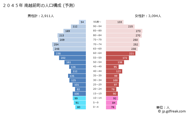 グラフ 南越前町(ﾐﾅﾐｴﾁｾﾞﾝﾁｮｳ 福井県)の人口と世帯 2045年の人口ピラミッド（予測）