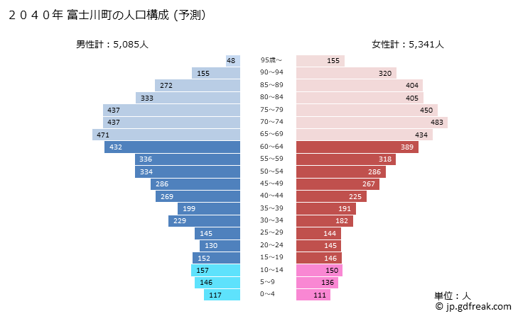 グラフ 富士川町(ﾌｼﾞｶﾜﾁｮｳ 山梨県)の人口と世帯 2040年の人口ピラミッド（予測）