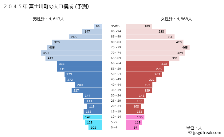 グラフ 富士川町(ﾌｼﾞｶﾜﾁｮｳ 山梨県)の人口と世帯 2045年の人口ピラミッド（予測）