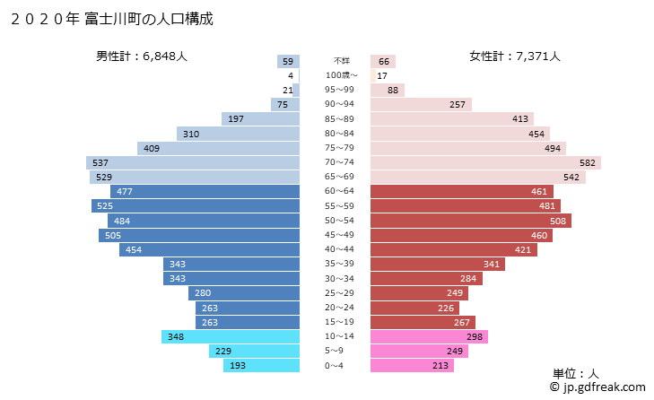 グラフ 富士川町(ﾌｼﾞｶﾜﾁｮｳ 山梨県)の人口と世帯 2020年の人口ピラミッド