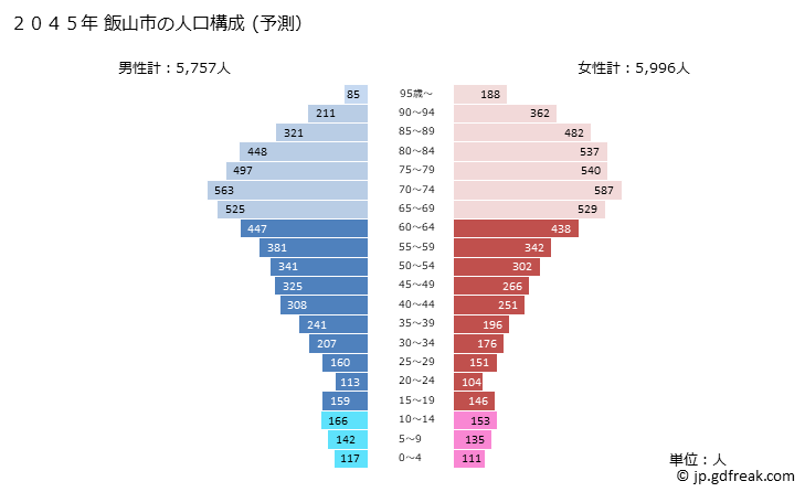 グラフ 飯山市(ｲｲﾔﾏｼ 長野県)の人口と世帯 2045年の人口ピラミッド（予測）