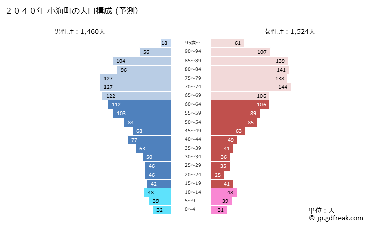 グラフ 小海町(ｺｳﾐﾏﾁ 長野県)の人口と世帯 2040年の人口ピラミッド（予測）
