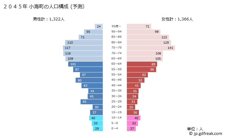 グラフ 小海町(ｺｳﾐﾏﾁ 長野県)の人口と世帯 2045年の人口ピラミッド（予測）