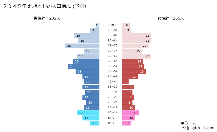 グラフ 北相木村(ｷﾀｱｲｷﾑﾗ 長野県)の人口と世帯 2045年の人口ピラミッド（予測）
