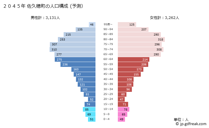 グラフ 佐久穂町(ｻｸﾎﾏﾁ 長野県)の人口と世帯 2045年の人口ピラミッド（予測）