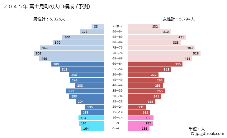 グラフ 富士見町(ﾌｼﾞﾐﾏﾁ 長野県)の人口と世帯 2045年の人口ピラミッド（予測）
