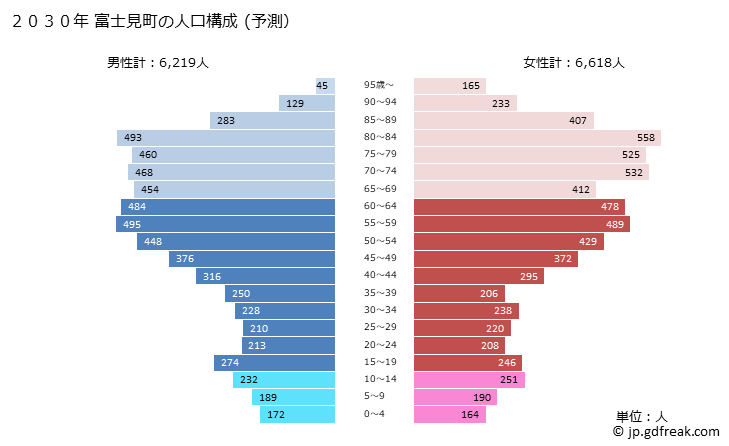 グラフ 富士見町(ﾌｼﾞﾐﾏﾁ 長野県)の人口と世帯 2030年の人口ピラミッド（予測）