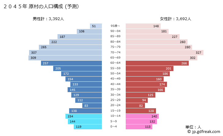 グラフ 原村(ﾊﾗﾑﾗ 長野県)の人口と世帯 2045年の人口ピラミッド（予測）